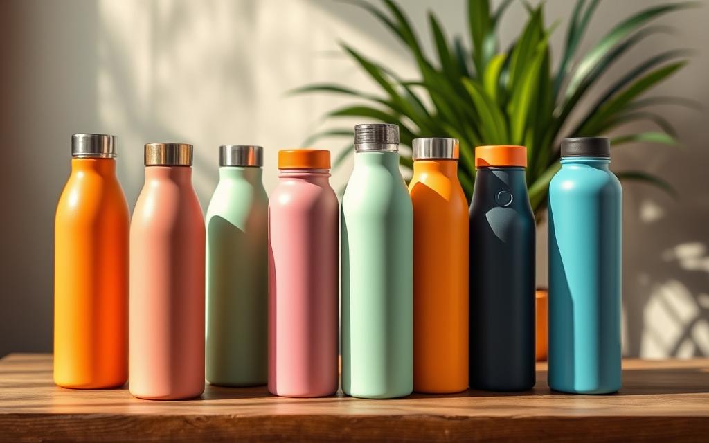 A collection of eco-friendly reusable water bottles in various vibrant colors, arranged on a wooden surface with a soft, natural lighting. In the foreground, several sleek, BPA-free bottles with minimalist designs stand prominently, hinting at their sustainable and durable construction. In the middle ground, additional bottles in different shapes and sizes, some with infuser compartments, create a visually interesting composition. The background features a blurred, organic backdrop, perhaps a lush green plant or a simple textile, emphasizing the bottles' environmentally-conscious nature. The overall mood is one of simplicity, sophistication, and a commitment to sustainable hydration.
