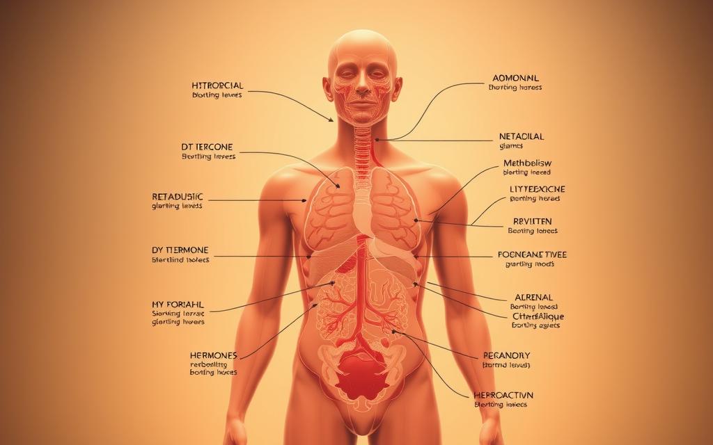 A detailed cross-section diagram depicting the intricate relationship between hormone levels and their impact on key bodily functions. The foreground showcases a central human figure, with various glands highlighted and labeled, including the thyroid, adrenal, and reproductive organs. The middle ground features interconnected pathways and feedback loops, illustrating how hormones regulate processes like metabolism, growth, and mood. The background incorporates a subtle grid-like structure, conveying the complex, systemic nature of the endocrine system. The lighting is warm and diffused, creating a sense of depth and clarity. The overall aesthetic is clean, informative, and visually compelling, suitable for a medical or scientific publication.