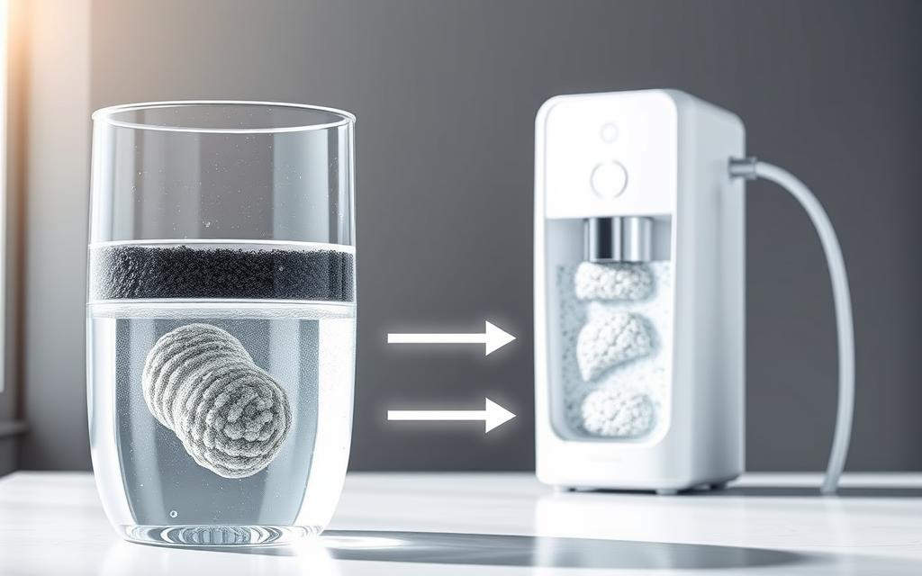 A detailed, cross-sectional illustration of an alkaline water filtration process. In the foreground, a clear glass vessel showcases the filtration stages, including sediment filters, activated carbon, and mineral-rich alkaline media. The middle ground depicts the water flow, with arrows indicating the directional path. In the background, a sleek, modern water purifier unit with a minimalist design. Bright, natural lighting casts a soft, even glow across the scene, emphasizing the purity and clarity of the filtered water. The overall atmosphere conveys a sense of efficiency, quality, and the health benefits of alkaline-enriched water.