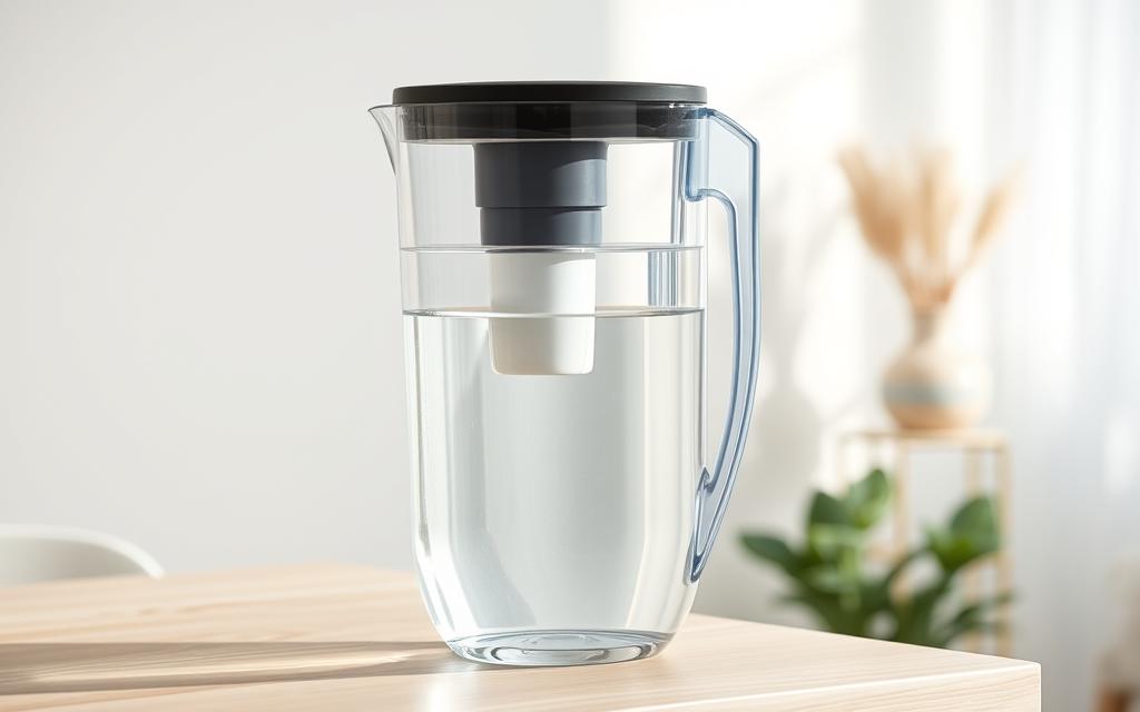 A sleek and modern water filter pitcher with a transparent body, revealing the crystal-clear filtered water inside. The filter is prominently displayed, showcasing its advanced filtration technology. The pitcher is positioned on a light wooden surface, its clean lines and elegant design creating a minimalist, lifestyle-focused atmosphere. Soft, natural lighting illuminates the scene, highlighting the pitcher's clarity and the purity of the water. The background is a serene, blurred tableau, allowing the filter pitcher to take center stage and showcase its practical benefits for healthy, great-tasting water in the home.