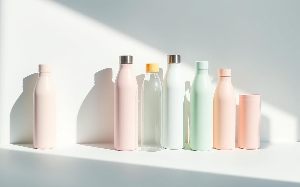 A still life scene showcasing a collection of sleek, eco-friendly water bottles in various pastel shades. The bottles are arranged on a minimalist white backdrop, casting soft shadows that create depth and dimension. The bottles have clean, modern designs with no visible branding, emphasizing their BPA-free, sustainable construction. Soft, diffused lighting from the side gently illuminates the bottles, highlighting their smooth surfaces and translucent qualities. The overall mood is calm, serene, and focused on the simplicity and practicality of these reusable water containers, ideal for active lifestyles.