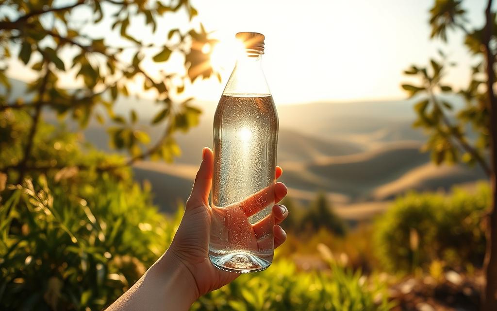 A stunning glass water bottle reflecting the sun's warm rays, surrounded by lush greenery and earthy elements. The bottle is filled with clear, refreshing water, symbolizing its eco-friendly nature. In the foreground, a hand gently holds the bottle, emphasizing its natural, sustainable design. The background features a serene landscape with rolling hills, hinting at the bottle's ability to accompany you on your outdoor adventures. The overall composition conveys a sense of harmony, wellness, and a commitment to environmental responsibility.