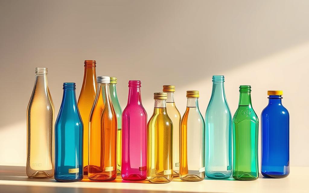 A vibrant collection of eco-friendly glass water bottles, arranged in a visually striking display. The bottles are illuminated by a warm, natural light, casting soft shadows and highlighting their sleek, minimalist designs. The foreground features several different-shaped bottles, each with a unique color or texture, while the middle ground showcases a larger group of bottles in a harmonious arrangement. The background is a clean, neutral space, allowing the bottles to take center stage and emphasize their sustainable, stylish appeal. The overall scene conveys a sense of sophistication, practicality, and environmental consciousness, perfectly capturing the benefits of using glass water bottles.