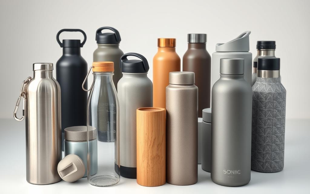 A well-lit, high-angle studio shot of an assortment of modern, reusable water bottles in various shapes, sizes, and materials. In the foreground, a sleek stainless steel bottle with a carabiner clip, a vintage-inspired glass bottle with a wooden cap, and a lightweight BPA-free plastic bottle with a flip-top lid. In the middle ground, a set of insulated, double-walled bottles in muted colors, some with built-in straws or infuser chambers. In the background, a selection of durable, eco-friendly bottles made from recycled materials, each with a distinct textured surface or geometric design. The overall mood is clean, minimalist, and showcases the diverse functionality and sustainability of reusable water bottle options.