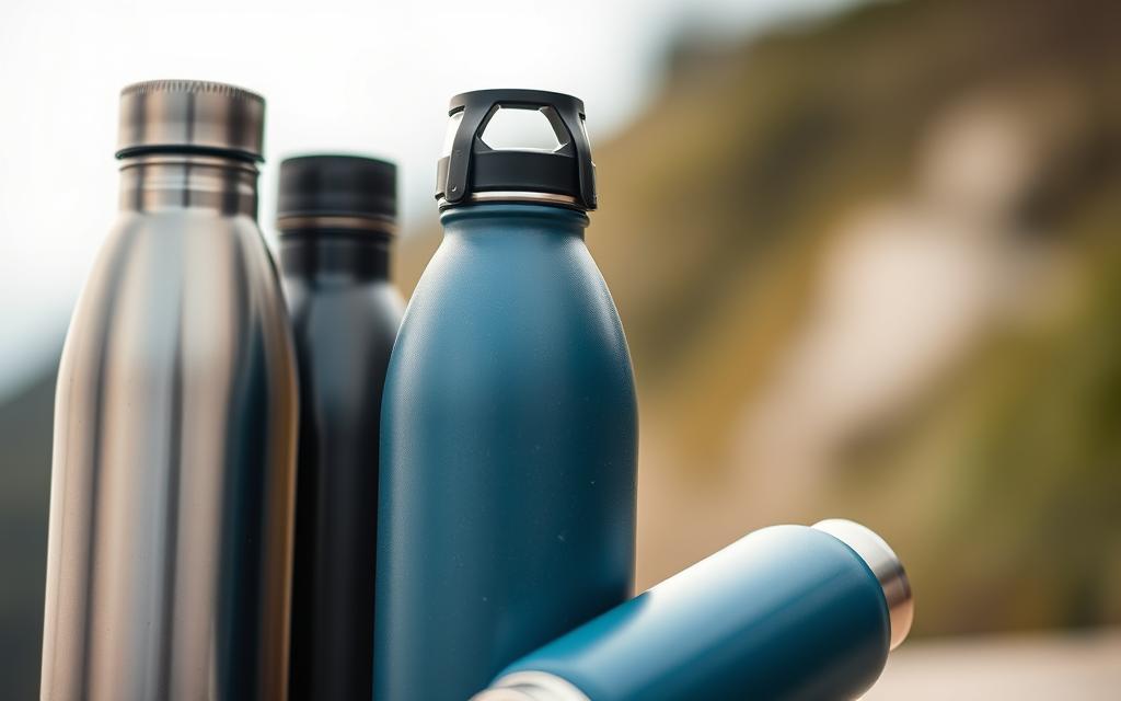 A well-lit, high-quality close-up shot of a set of eco-friendly stainless steel water bottles in various colors, such as silver, black, and blue. The bottles have a sleek, modern design with a matte finish and subtle texture. The bottles are arranged in the foreground, with a blurred background that suggests a natural, minimalist setting. The lighting is soft and diffused, highlighting the bottles' shiny and durable surfaces. The overall mood is one of simplicity, sophistication, and environmental consciousness.