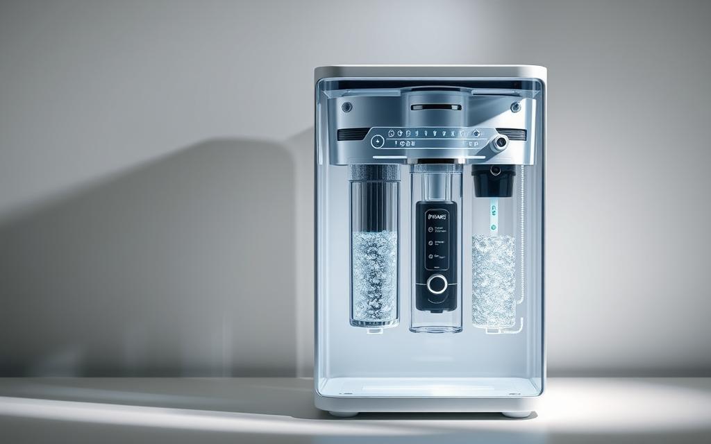 Alkaline water filtration system, a sleek, modern appliance showcasing its intricate inner workings. A transparent housing reveals the multi-stage filtration process, with each component meticulously detailed - from the mineral-infusing filter to the smart monitoring system. Soft, directional lighting illuminates the system, casting subtle shadows that accentuate its clean, minimalist design. The overall composition conveys a sense of efficiency, innovation, and the transformative power of this technology to elevate the everyday hydration experience.