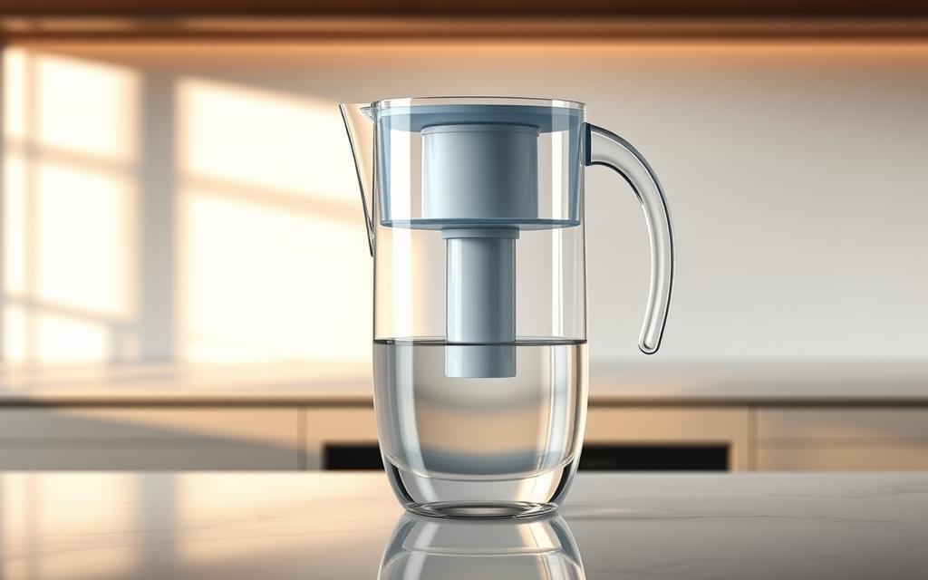 An elegant alkaline water pitcher resting on a sleek, minimalist counter. The pitcher's transparent body reveals the intricate filtration system within, with a prominent central chamber housing the mineralizing filter cartridge. Soft, natural lighting illuminates the pitcher, casting a warm glow and highlighting the crystalline purity of the filtered water. The overall design is modern and streamlined, conveying the advanced technology that transforms ordinary tap water into refreshing, mineral-rich alkaline hydration. The scene evokes a sense of health, wellness, and effortless water purification for the discerning home.