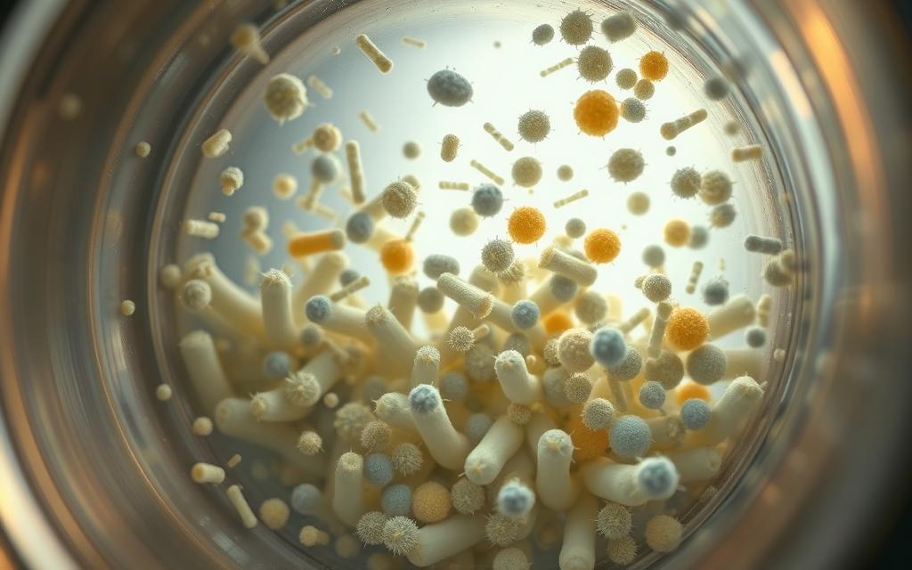 Detailed microscopic view of stainless steel water bottle interior, illuminated with soft, diffused lighting. A swarm of various rod-shaped and spherical bacteria colonies, magnified to reveal their intricate structures and textures. Diverse microorganisms in shades of blue, green, and yellow, thriving in the moist environment. The stainless steel surface exhibits a polished, reflective finish, creating a striking contrast against the organic bacterial forms. The depth of field isolates the bacterial focus, while the surrounding bottle walls recede into a subtle, blurred background. Convey a sense of scientific observation and the complex microbial ecosystem within a seemingly innocuous everyday object.