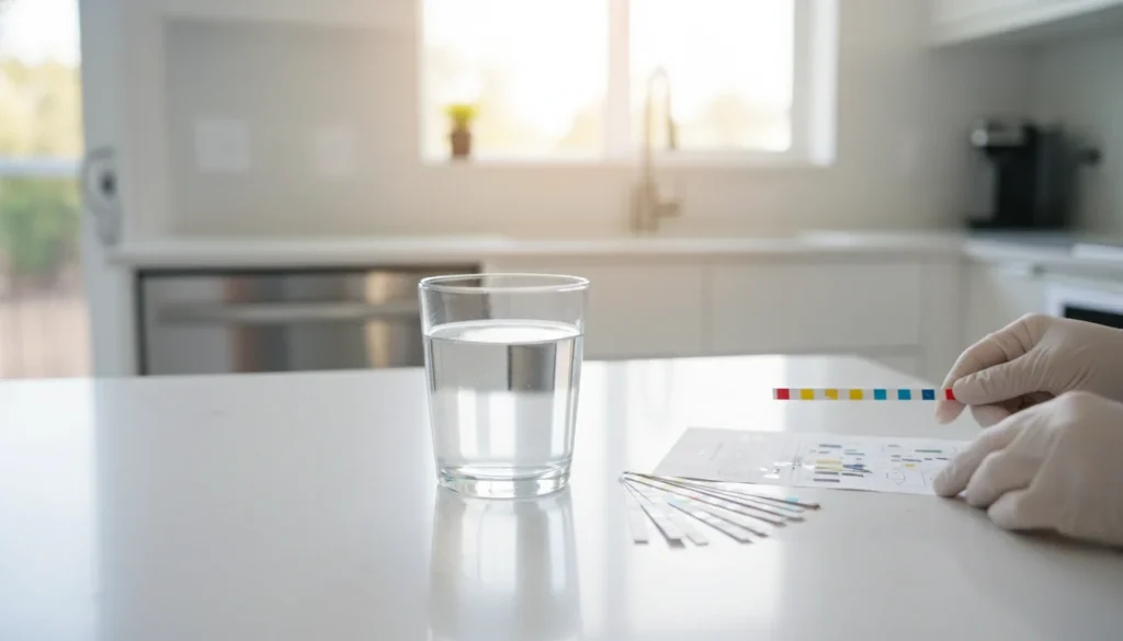 Home water test strips beside a glass of tap water