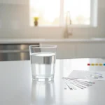 Home water test strips beside a glass of tap water