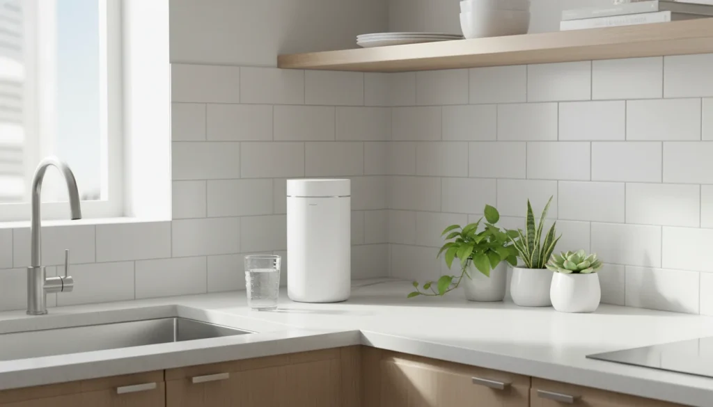 Countertop water filter in a small apartment kitchen