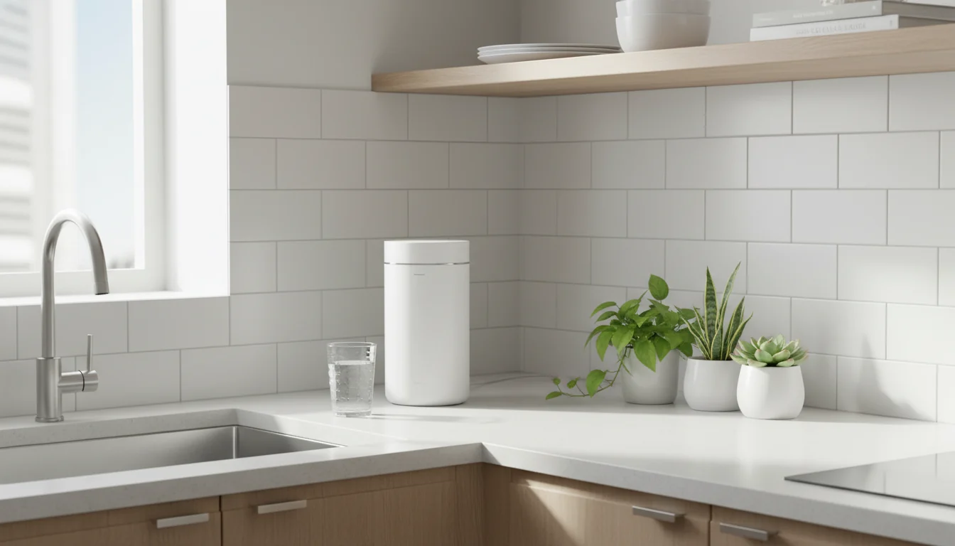 Countertop water filter in a small apartment kitchen