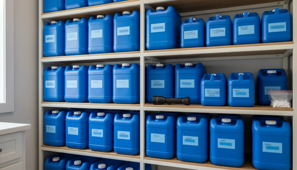 Emergency water storage containers organized on a home shelf