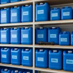 Emergency water storage containers organized on a home shelf