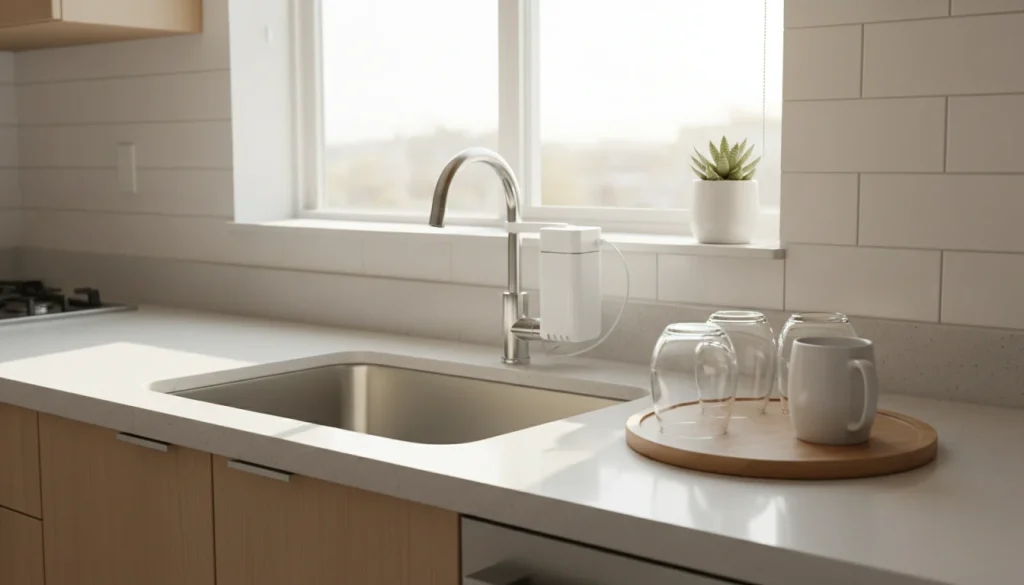 Faucet water filter installed on an apartment kitchen sink