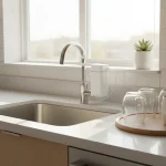 Faucet water filter installed on an apartment kitchen sink