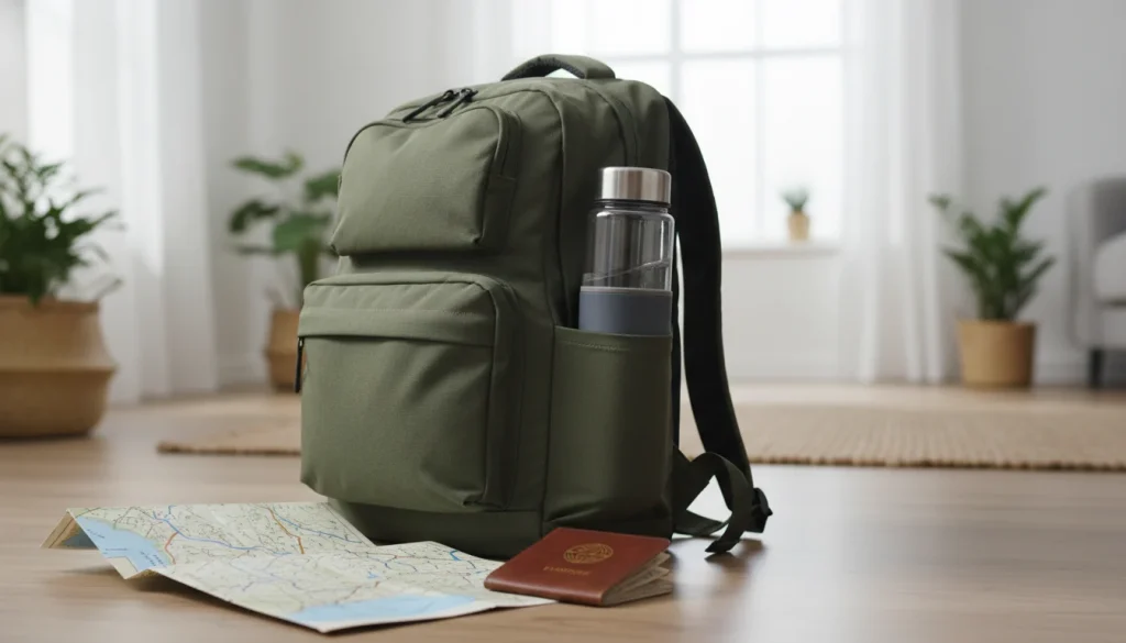 Filtered water bottle packed with travel gear