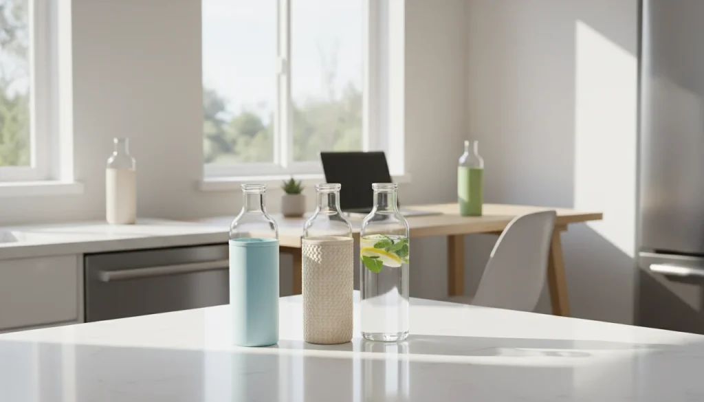 Glass water bottles for home and work on a kitchen counter and office desk