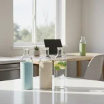 Glass water bottles for home and work on a kitchen counter and office desk