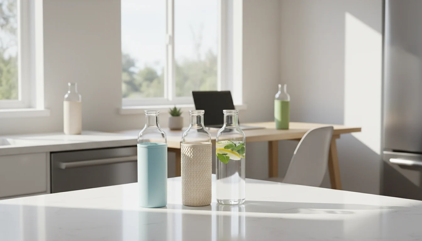 Glass water bottles for home and work on a kitchen counter and office desk