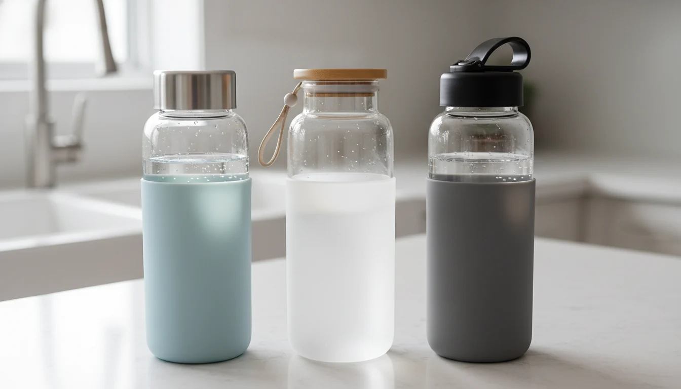 Close up of glass water bottle features including lids sleeves and wide mouths