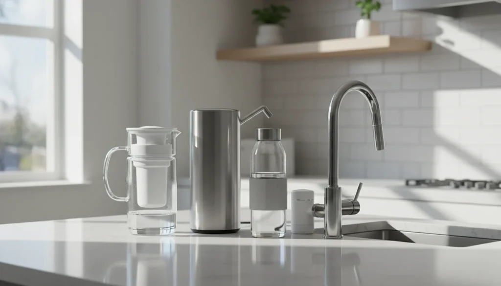 No installation water filters arranged on an apartment kitchen counter