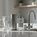 No installation water filters arranged on an apartment kitchen counter
