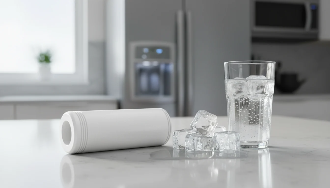 Refrigerator water filter cartridge beside ice cubes