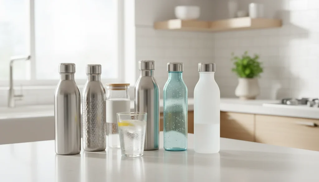 Reusable water bottles for daily hydration on a kitchen counter