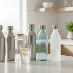 Reusable water bottles for daily hydration on a kitchen counter