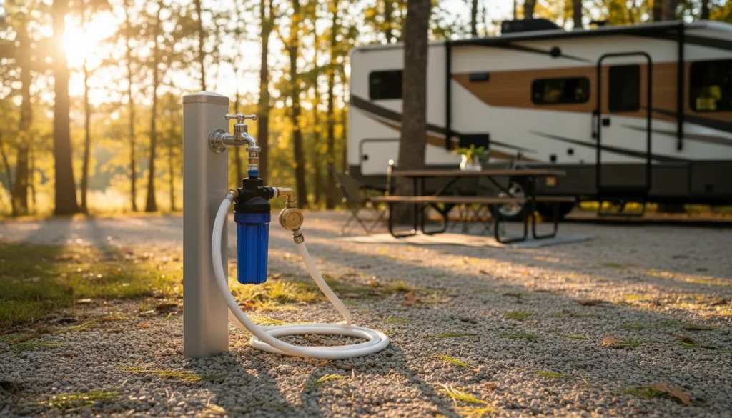RV water filter connected to a campground water hookup