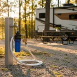 RV water filter connected to a campground water hookup