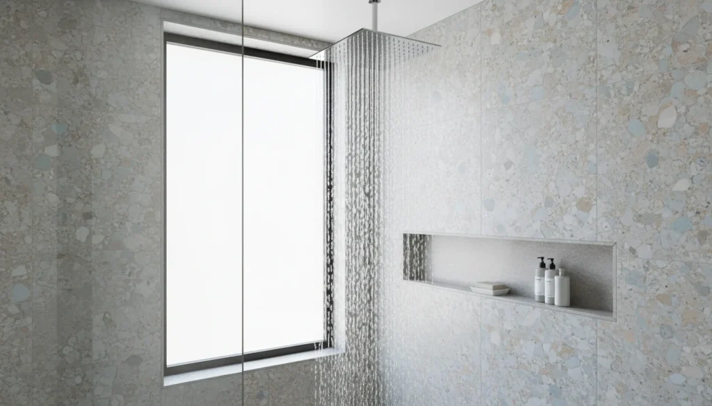 Modern shower head running clear water in a bright bathroom