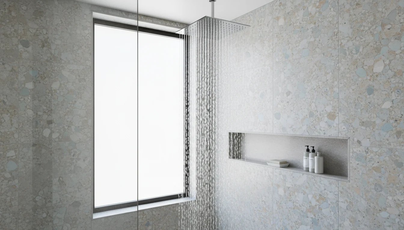 Modern shower head running clear water in a bright bathroom