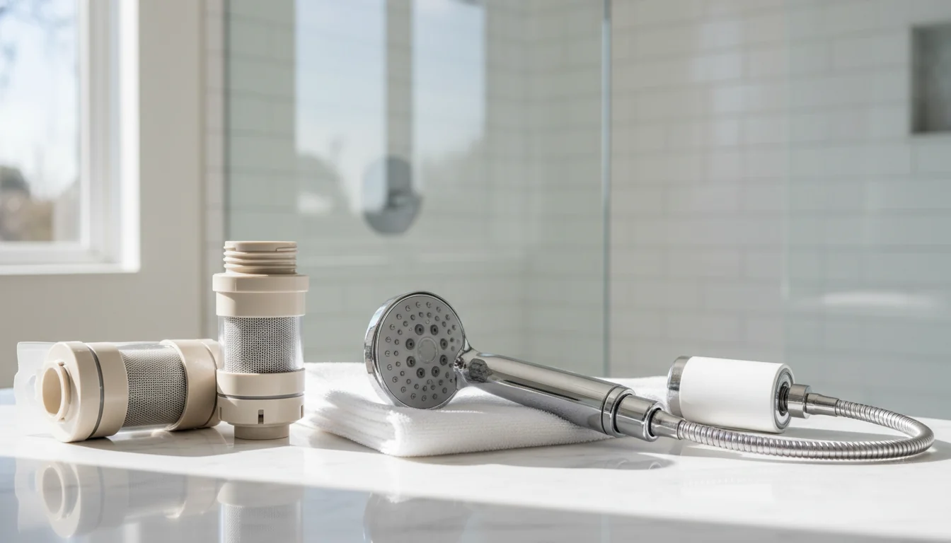 Different shower filter styles arranged on a bathroom counter
