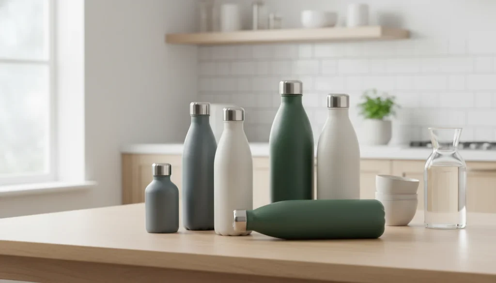 Stainless steel water bottles in different sizes on a kitchen table