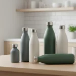 Stainless steel water bottles in different sizes on a kitchen table