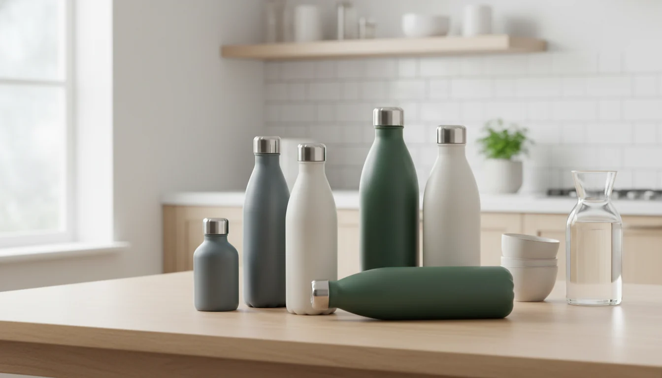 Stainless steel water bottles in different sizes on a kitchen table