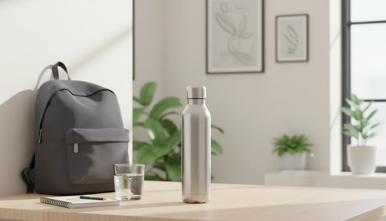 Reusable stainless steel bottle next to a backpack and glass of water