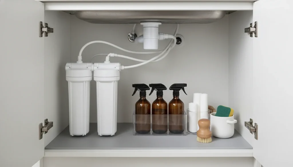 Compact under sink water filter in a small kitchen cabinet