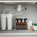 Compact under sink water filter in a small kitchen cabinet