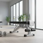 Reusable water bottles on a gym bench beside workout gear