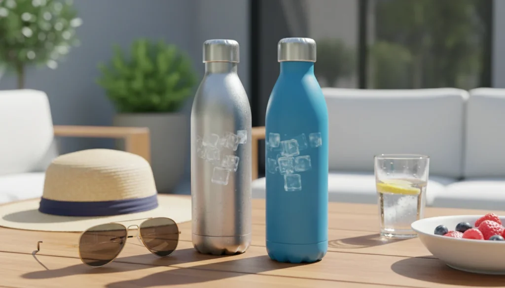Water bottles for hot weather on a sunny outdoor table