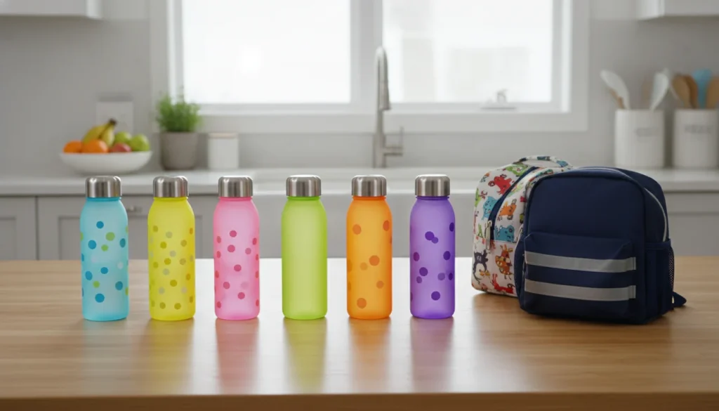 Kids water bottles next to a lunchbox and school backpack