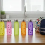 Kids water bottles next to a lunchbox and school backpack