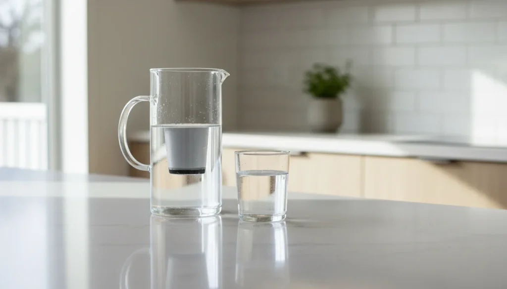 Water filter pitcher filled with clear water on a kitchen counter