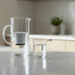 Water filter pitcher filled with clear water on a kitchen counter