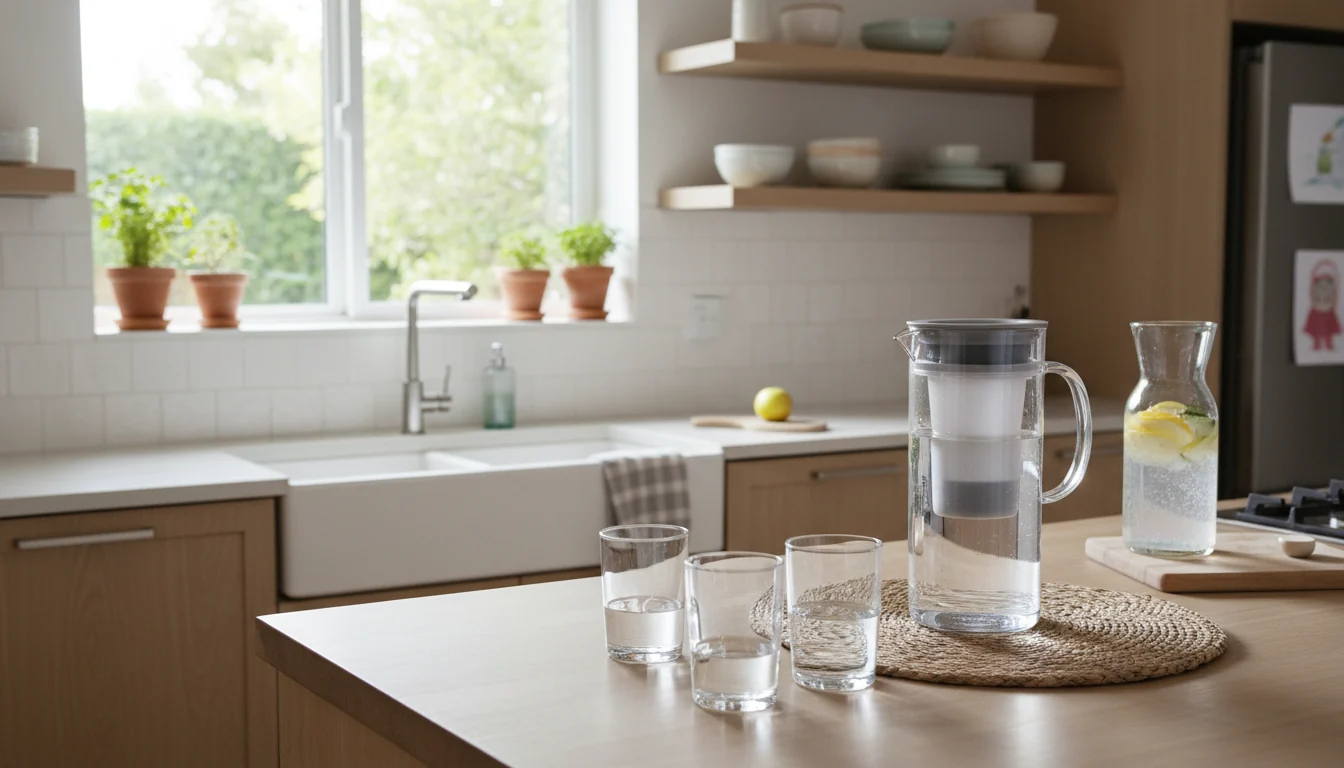 Family kitchen counter with a filtered water pitcher and drinking glasses