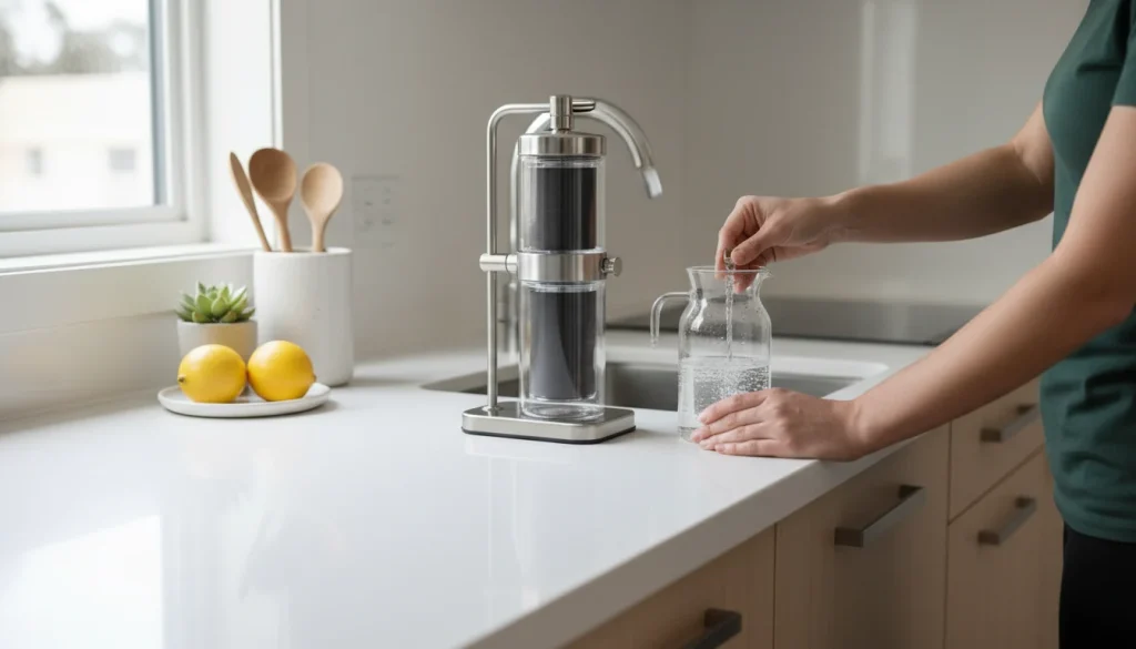 Renter filling a glass from a compact apartment water filter in a small kitchen