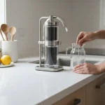 Renter filling a glass from a compact apartment water filter in a small kitchen